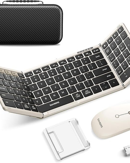 Foldable Keyboard and Mouse, Samsers Folding Bluetooth Keyboard Combo, 2.4G + BT5.0 x 2, Full-Size Portable Travel Keyboard & Rechargeable Wireless Mouse for Windows Android iOS Mac OS, Starlight