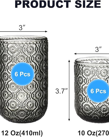 Grey Drinking Glasses Set of 12, 12 Oz Highball & 10 Oz Cocktail Glasses, Grey Kitchen Vintage Glassware Set, Floral Embossed Glass Tumbler Cups for Water, Beer, Juice, Whiskey, Coffee