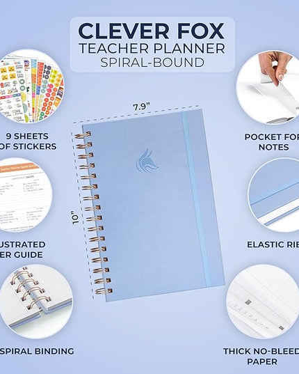Clever Fox Teacher Planner Spiral – School Year Planner with Calendars & Lesson Plans – Teacher Plan Book for Classroom & Homeschool Organization - Undated, 7.9x10″ (Periwinkle)