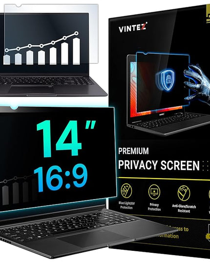VINTEZ 14 Inch 16:9 Privacy Screen for Computer Monitor and Laptop - Anti Glare Protector Film Blue Light Filter Eye Protection - Computer Screen Privacy Shield, [1 Pack]