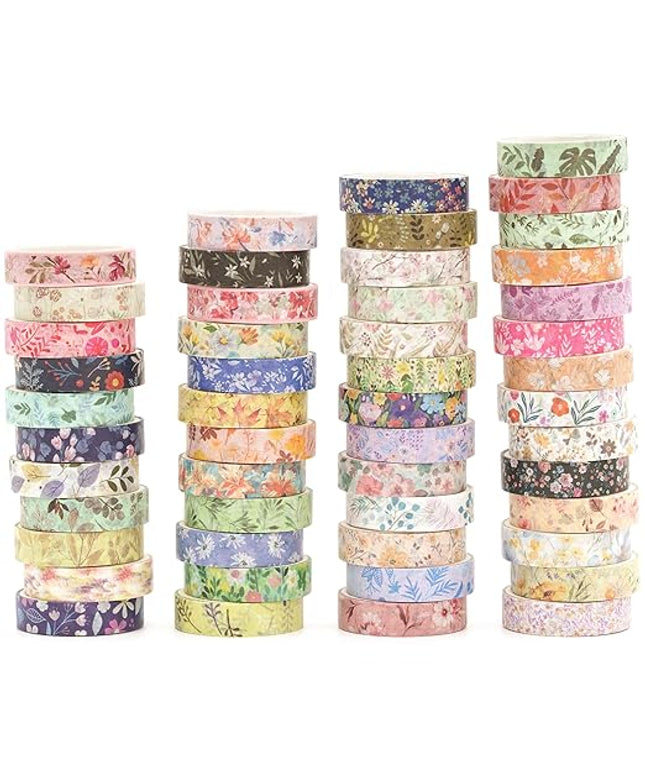 YUBBAEX Flowers Washi Tape Pack 50 Rolls Floral Printed Masking Tape Plants Decorative for Arts, DIY Crafts, Journal Supplies, Planners, Scrapbook, Card/Gift Wrapping