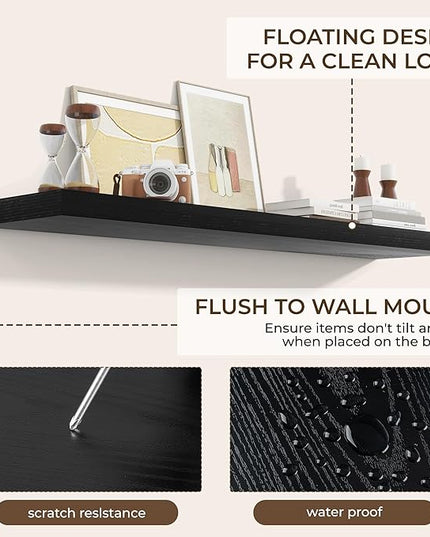 RICHFOCUS 55Inch Floating Shelves for Wall 1 Pack Shelves for Bedroom|Kitchen|Bathroom Wall Mounted Rustic Wood Floating Shelf with Invisible Brackets for Books|Storage|Decor, Black