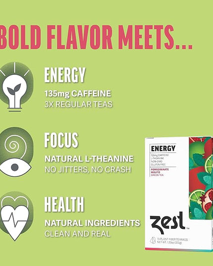Zest Energy Green Tea – Pomegranate Mojito High Caffeine Tea Bags for Focus & Morning Energy – Natural Caffeinated Tea with 135mg Caffeine – Coffee Substitute – 15Ct Box, Non-GMO & Keto Friendly