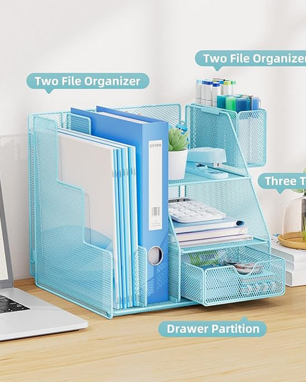 Marbrasse Desk Organizer and Accessories, 3-Tier File Organizer with Drawer and Pen Holder, Small Desktop Organizer and Storage for Workspace Office Supplies Blue