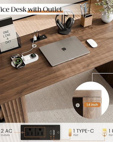60" Fluted Home Office Desks with Storage, Modern Executive Desk Computer Desk with Drawer & Cabinet, Wood Work Desk for Office, Bedroom, Study, Living Room, Walnut
