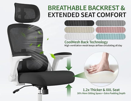 Ergonomic Office Chair - Computer Desk Chair with Adjustable Lumbar Support - 400lbs Executive Desk Chair High Back with Headrest Flip-Up Arms for Long Hours, Rolling Chair (White Black)