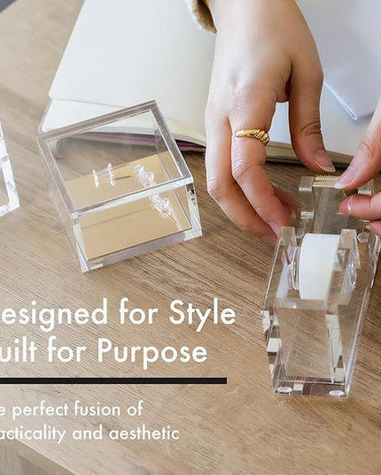 OfficeGoods Acrylic Tape Dispenser – Modern Desk Organizer for Office Supplies – Heavy Duty Refillable Tape Holder for Home and School Crafting – Stylish Desktop Accessory for Gift Wrapping, Silver