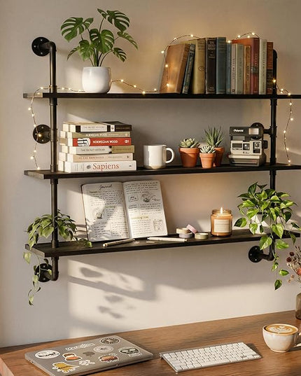 Industrial Pipe Shelving Rustic Black Wall Shelves with Wood Planks Industrial Floating Shelves 48 Inch 3 Tier Farmhouse Bookshelf Pipe Shelves Wall Mounted,Open Shelving For living room/office