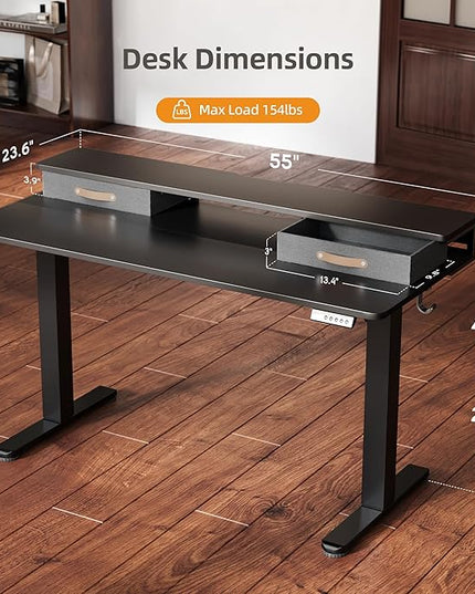Seang Electric Standing Desk with 2 Drawers, Adjustable Standing Desk with Storage Shelf, Height Adjustable Stand up Desk for Home Office with 3 Presets & 2 Hooks,55 Inch, Black