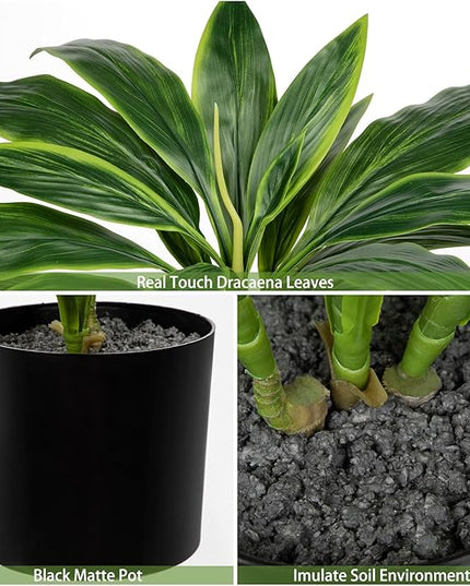 Oairse Artificial Plants Indoor with Pot, 18.1" Fake Potted Plants Medium Artificial Dracaena Plant in Black Pot Faux Tropical Plants for Bathroom Living Room Office Desk Shelf Decor