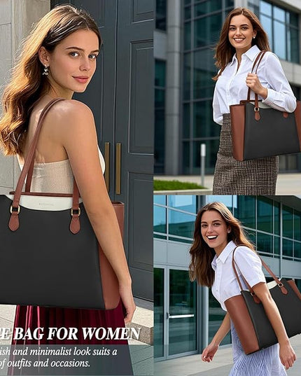 RAINSMORE Laptop Bag for Women 15.6 Inch Work Tote Bags Waterproof Computer Bags Leather Professional Laptop Purse Womens Laptop Briefcase Large Handbag for Office Teacher Travel, Black Brown White
