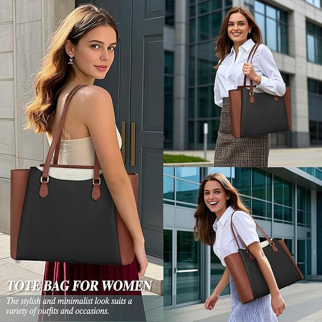 RAINSMORE Laptop Bag for Women 15.6 Inch Work Tote Bags Waterproof Computer Bags Leather Professional Laptop Purse Womens Laptop Briefcase Large Handbag for Office Teacher Travel, Black Brown White