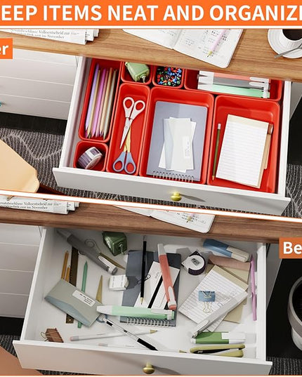 45 Pack Desk Drawer Organizer Tray, 3 Sizes Plastic Drawers Organizer Storage for Kitchen, Bathroom, Office, Vanity, Makeup, Utensils, Junk Drawer Organizer Bins, Gadget Trays for Organizing, Red