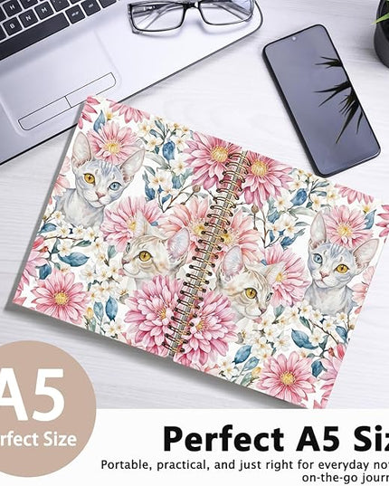 Sphynx Cat Notebook Journal, Cat Lover Gifts for Women Men, funny Black Cat Gifts for Girls, Pink Floral Cat Peel Spiral Notebook, Cat Notepad 5.5x8.3 Inch