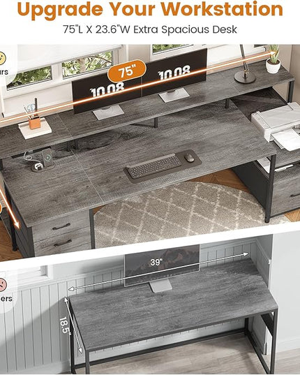SEDETA 75'' Computer Desk with 5 Drawer, Power Outlet & Led Lights, Home Office Desk with File Drawer, Storage Shelves, Printer Cabinet and Monitor Shelf, 23.6" W Large Desktop Gaming Desk, Grey