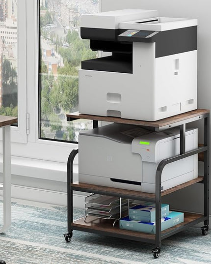 23.6" Deep Extra Large Printer Stand, 3 Tier Printer Table with Adjustable Storage Shelf, Rolling Printer Cart with Industrial Wheels for Home Office, Rustic Brown
