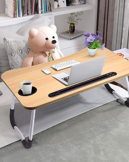 Slendor Lap Desk with Tablet Slot, Foldable Laptop Table with Storage Drawer for Bed，Portable Bed Desk for Laptop, Computer Tray with Cup Holder Notebook Stand Reading Holder for Couch Floor, Walnut