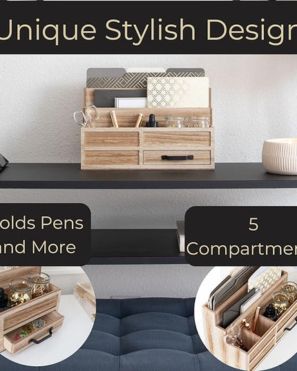 BLU MONACO | Natural Wood Mail Organizer with Drawer & Pen Holder | Rustic Desk Organizer for Bills, Letters & Countertop Storage | Wooden Desktop Mail Sorter for Home & Kitchen