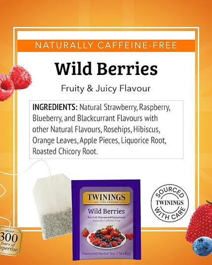 Twinings Wild Berries Herbal Tea Individually Wrapped Bags, 20 Count (Pack of 1), Full-Flavoured, Naturally Caffeine-Free, Enjoy Hot or Iced, 20 Teabags