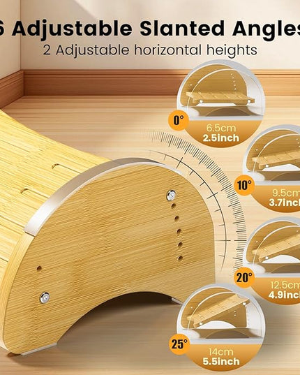 Bamboo Ergonomic Footrest Under Desk, Adjustable Rocking Foot Rest with Cushion, 6 Height Levels, Non-Slip Wooden Foot Rest for Office & Home Work