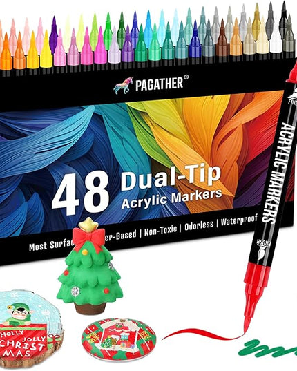 48 Colors Acrylic Paint Markers, Dual Tip with Fine Tip and Brush Tip Pens for Stone, Wood, Calligraphy, Canvas, Ceramic, Metal, Glass, Rock Painting, DIY Crafts