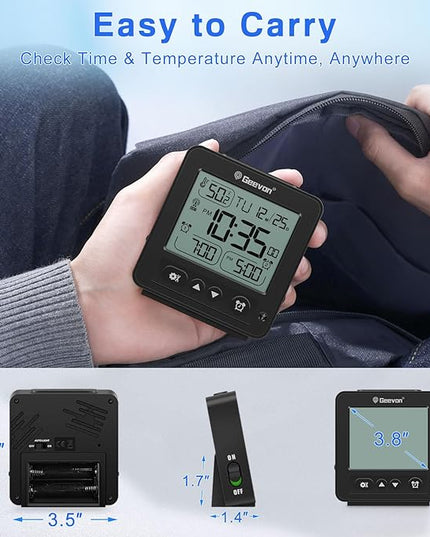 Geevon Small Digital Alarm Clock for Heavy Sleepers, Portable Travel Atomic Clock with Battery Powered, Compact Desk Table Clock with Auto Light Night, Dual Alarms, 8s Backlight for Bedroom, Black