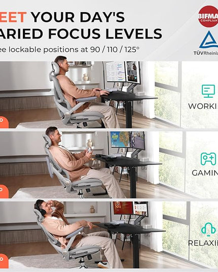 CAPOT Ergonomic Mesh Office Chair, Adjustable Lumbar High Back Desk Chair 400lbs, 4D Flip-up Arms, 3 Tilt Backrest, 3D Headrest, PU Wheels, Swivel Rolling Computer Seating for Long Desk Work - Grey