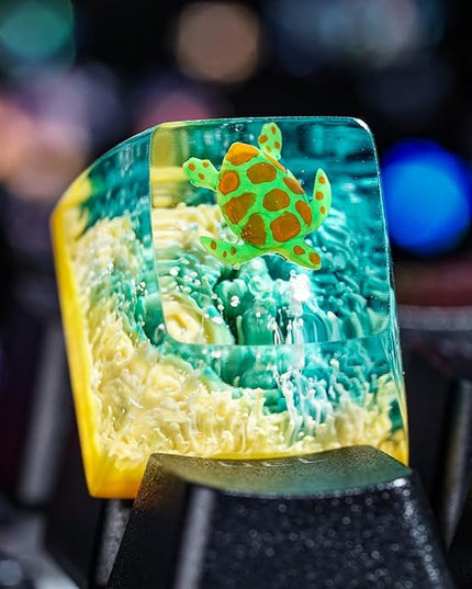 Sea Turtle Artisan Keycap Light Yellow Green Coral R1 SA Profile Custom Sea Creatures Keycaps 1U ESC Handmade Gaming Resin Key Cap Cherry MX Switch Compatible Mechanical Keyboard Turtle Lover Gift