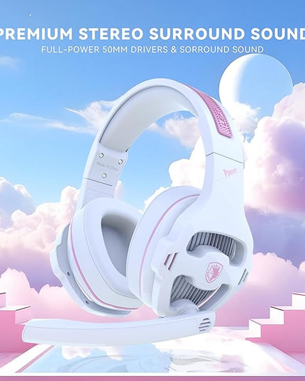 Globalsades SA726 Stereo Gaming Headset for Xbox One PS4 PS5 Controller, Over Ear Headphone with Mic Noise Cancelling Headset for PC Xbox Series (White Pink)