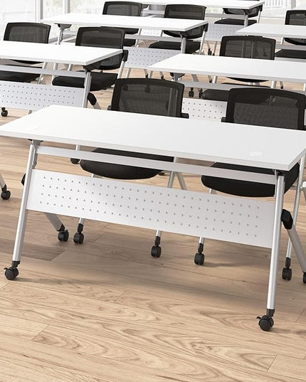 Bush Business Furniture Folding Training Table Set for 2, 60 inch Desk with Powered Grommets and 2 Chairs, Commercial-Grade Bundle for Office or Classroom, Envision Collection, White