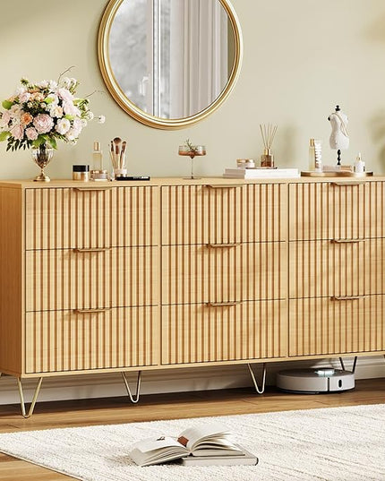 Garvee Fluted Dresser for Bedroom with 9 Drawers,63" Wide Modern Chest of Wooden Bedroom Chest with Metal Handle,Clothes Storage Organizer,Closet Dresser & TV Stand for Living Room,Hallway,Natural