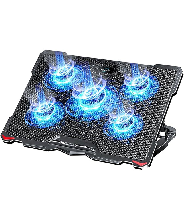 AICHESON Laptop Cooling Pad 5 Fans Up to 17.3 Inch Heavy Notebook Cooler, Blue LED Lights, 2 USB Ports, S035, Blue-5fans