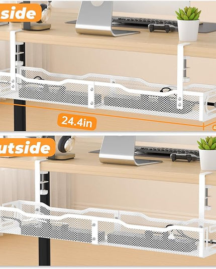 Under Desk Cable Management Tray, No Drill Steel Desk Cable Organizers, Wire Management Tray Cable Management Rack (24.4" Length-White)