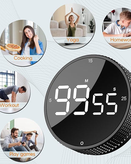 Upgrade Digital Kitchen Timer - Magnetic Countdown Countup Visual Pomodoro Timer with Large LED Display, 3-Preset Times (5, 15, 25), 3 Volume Levels, Ideal for Cooking, Baking and Fitness (1, Black)