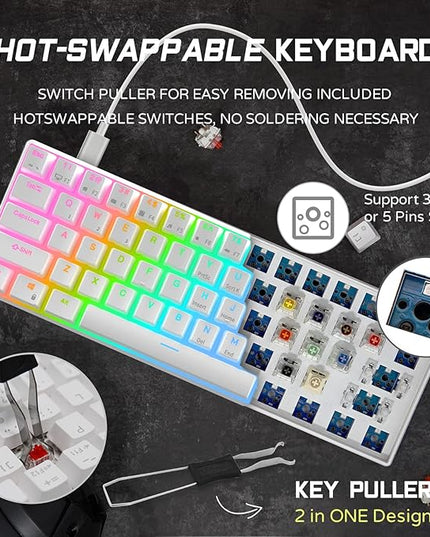 RK ROYAL KLUDGE RK61 Wired 60% Mechanical Gaming Keyboard Programmable QMK/VIA RGB Backlit 61 Keys Ultra-Compact Hot Swappable Blue Switch White