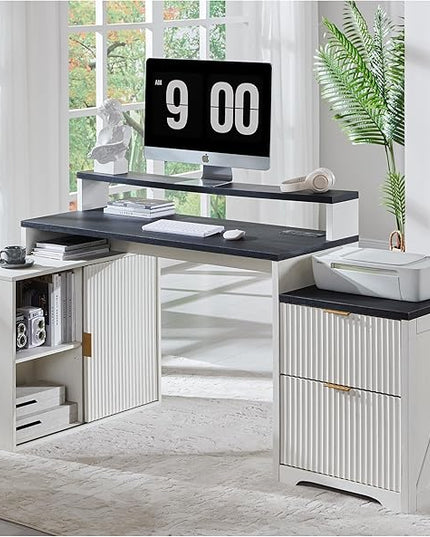 JXQTLINGMU 67" Modern L Shaped Desk with Storage Cabinet & Drawers, Wood Home Office Desk with Power Outlets, Fluted Computer Writing Desk, Antique White