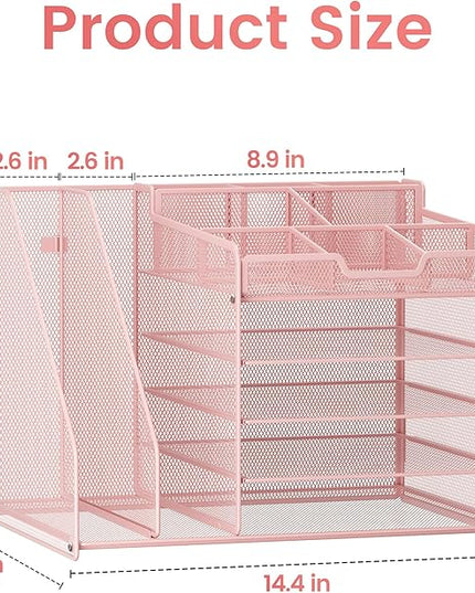 Lavatino 5-Tier Desk Organizer with 2 File Holders, Metal Adjustable Paper Letter Tray for Office or Home Desk Organizers and Accessories | 7 Flexible Dividers Keep Workspace Supplies Neat, Pink