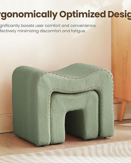 Ottoman Set of 2 Vanity Stool Chair Seating Backless Modern Foot Rest Teddy Velvet Small Footstool Ottoman for Makeup Room Living Room Bedroom Entryway,(2-in-1) Green