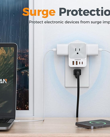 USB C Charger Block 20W PD, TESSAN 4 USB Wall Charger Fast Charging with 3 Outlet Extender Surge Protector, 3 Side Multi Port Adapter, Electric Multiple Outlet Plug for Home Office Dorm Room