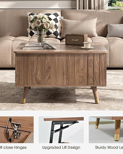 JOINICE 32" Square Lift Top Coffee Table with Storage,Mid Century Modern Walnut Center Table with Rising Desktop for Living Room, Brown Wood Finish