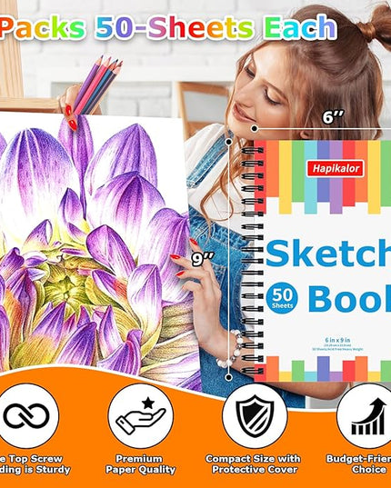 Drawing Pad for Kids, Sketch Pads 50 Sheets, 3-Pack Kids Travel Activities Spiral Bound Drawing Books Bulk 6" x 9 ", Drawing Paper for Kid 9-12