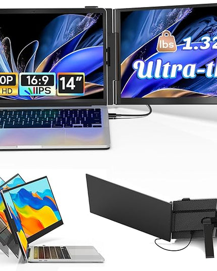 14" Laptop Screen Extender Ultra-Thin, Lightweight Portable Dual Laptop Monitor Extender with Speaker, FHD 1080P Travel Display, Plug & Play, HDMI/USB-A/Type-C for Laptops, Works with Win/Mac/Android