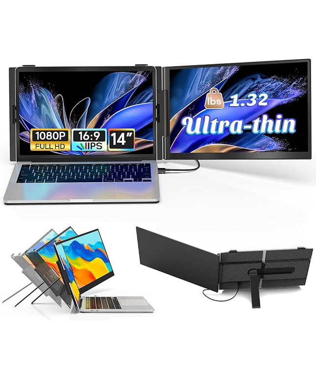 14" Laptop Screen Extender Ultra-Thin, Lightweight Portable Dual Laptop Monitor Extender with Speaker, FHD 1080P Travel Display, Plug & Play, HDMI/USB-A/Type-C for Laptops, Works with Win/Mac/Android