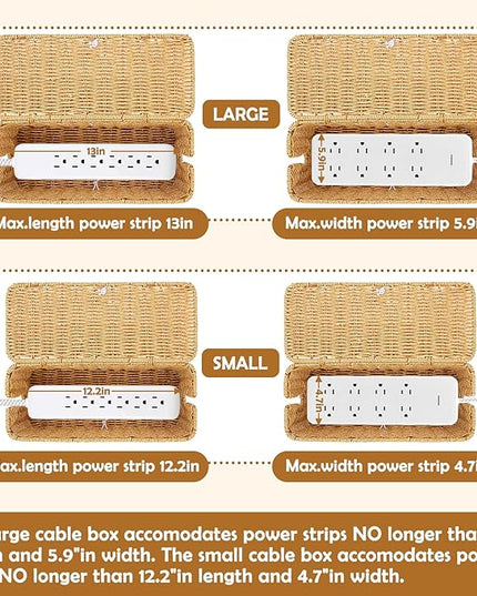 2PCS Cable Management Box, Handmade Rattan Cable Organizer, Open Slots Cords Hider Box Cord Basket Under Desk Cord Organizer for Computer Router USB Hub & Power Strip