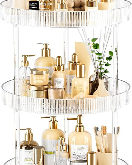 3-Tier Lazy Susan Bathroom Countertop Organizer, 360° Clear Rotating Storage Tray, Cosmetics and Perfume Organizer, Spinning Storage Tray Vanity Organizer Shelf for Bathroom Cabinet, Kitchen(Medium)