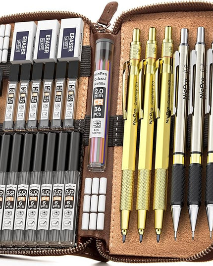 Nicpro 30PCS Art Mechanical Pencils Set in Leather Case, Gold Metal Drafting Pencil 0.5, 0.7, 0.9 mm, 2mm Lead Pencil Holder for Sketching Drawing With 16 Tube (6b 4B 2B HB 2H 4H Colors) Lead Refill