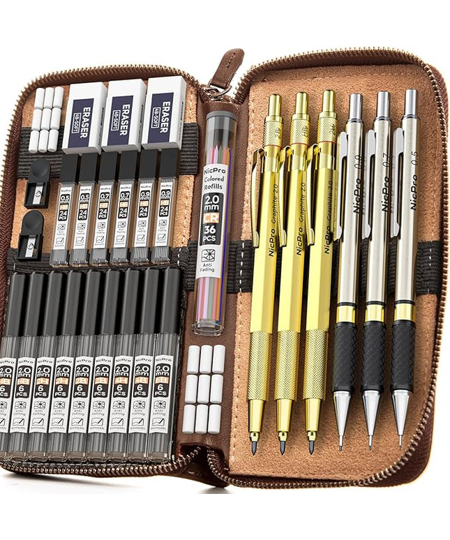 Nicpro 30PCS Art Mechanical Pencils Set in Leather Case, Gold Metal Drafting Pencil 0.5, 0.7, 0.9 mm, 2mm Lead Pencil Holder for Sketching Drawing With 16 Tube (6b 4B 2B HB 2H 4H Colors) Lead Refill