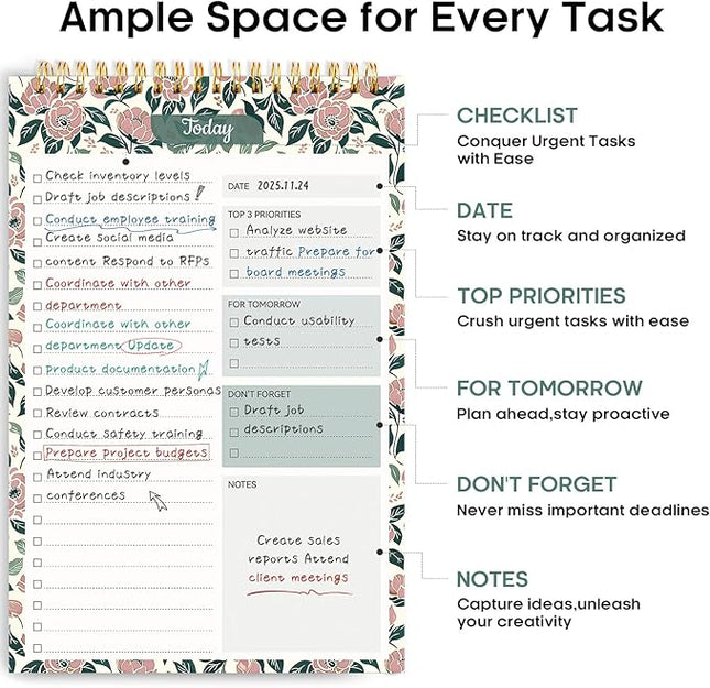 Taja To Do List Notepad - To Do List Notebook for Work with 52 Sheets, Undated Daily Planner Perfect for Daily Tasks and Goal Setting, Notepad Suitable for Office, Home & School - Rose Meadow