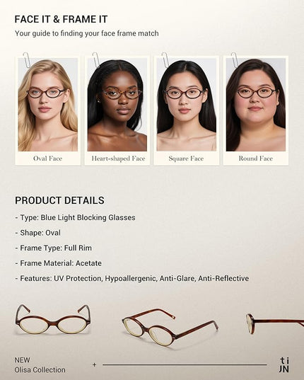 TIJN Olisa Blue Light Blocking Glasses for Women Men,Oval Glasses Frame Bluelight Glasses for Gaming/Computer/Screen