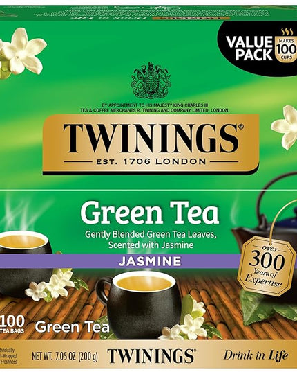 Twinings Green Tea with Jasmine Individually Wrapped Bags, 100 Count (Pack of 1), Fragrant Floral Scent, Caffeinated, Enjoy Hot or Iced, 100 Teabags
